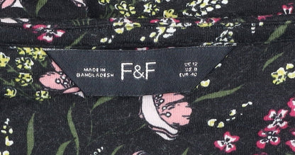 F&F Women’s Black Floral Ruffle Stretch Knee Length Dress Size 12