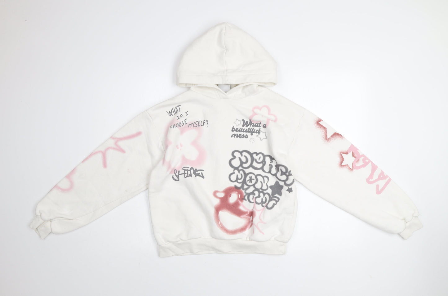 Bershka Womens White XS Pullover Hoodie with Graffiti Print