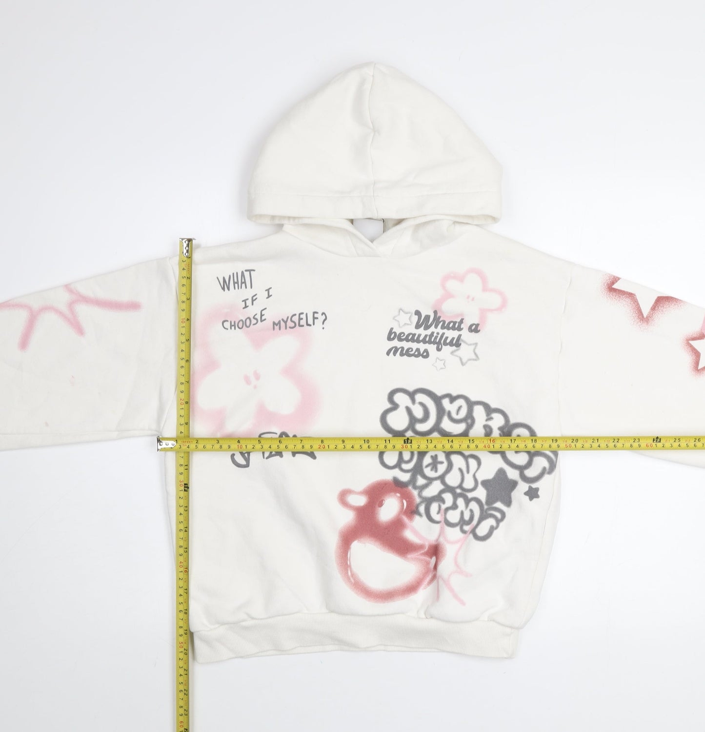 Bershka Womens White XS Pullover Hoodie with Graffiti Print