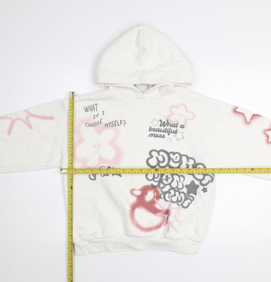 Bershka Womens White XS Pullover Hoodie with Graffiti Print