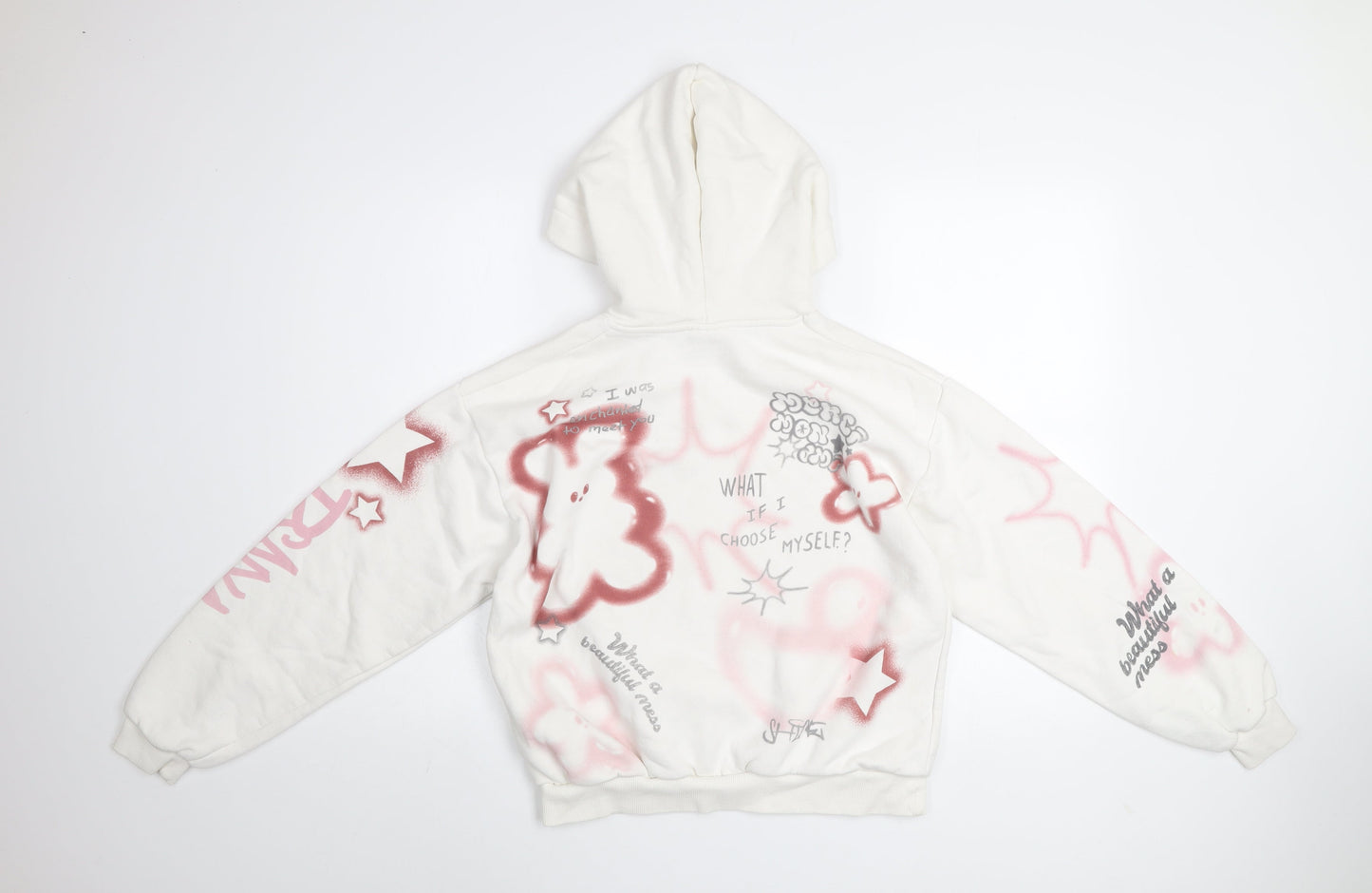 Bershka Womens White XS Pullover Hoodie with Graffiti Print