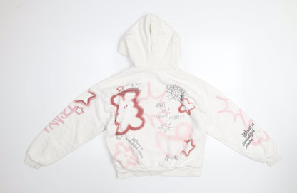 Bershka Womens White XS Pullover Hoodie with Graffiti Print