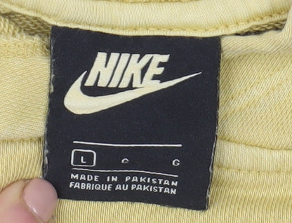 Nike Women’s Beige Cropped Pullover Hoodie L Embroidered Logo Cotton Blend