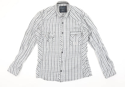 Next Men’s Grey Striped Slim Fit Long Sleeve Cotton Button-Up Shirt Size L