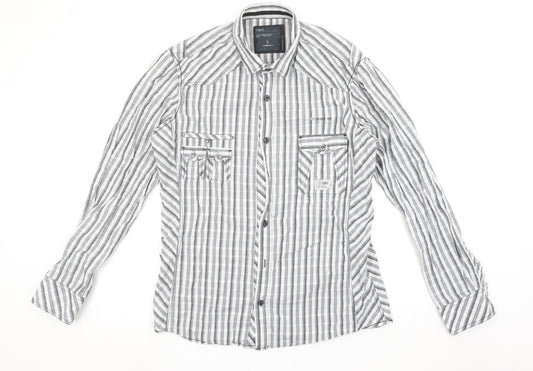 Next Men’s Grey Striped Slim Fit Long Sleeve Cotton Button-Up Shirt Size L
