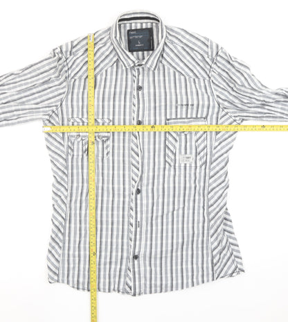 Next Men’s Grey Striped Slim Fit Long Sleeve Cotton Button-Up Shirt Size L