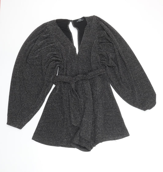 Bershka Women Black L Long Sleeve V-Neck Belted Playsuit Size 14