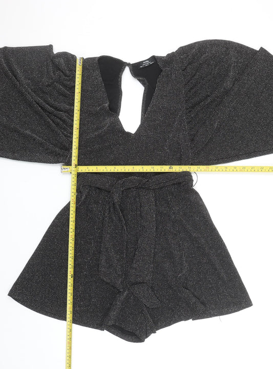 Bershka Women Black L Long Sleeve V-Neck Belted Playsuit Size 14