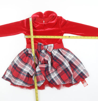 Dunnes Stores Girls Red Velvet Check Bow Fit & Flare Christmas Dress 18-24 Months