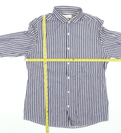 River Island Men's Blue Striped Cotton Long Sleeve Button-Up Shirt L
