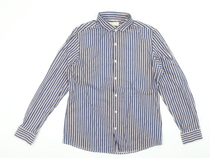 River Island Men's Blue Striped Cotton Long Sleeve Button-Up Shirt L