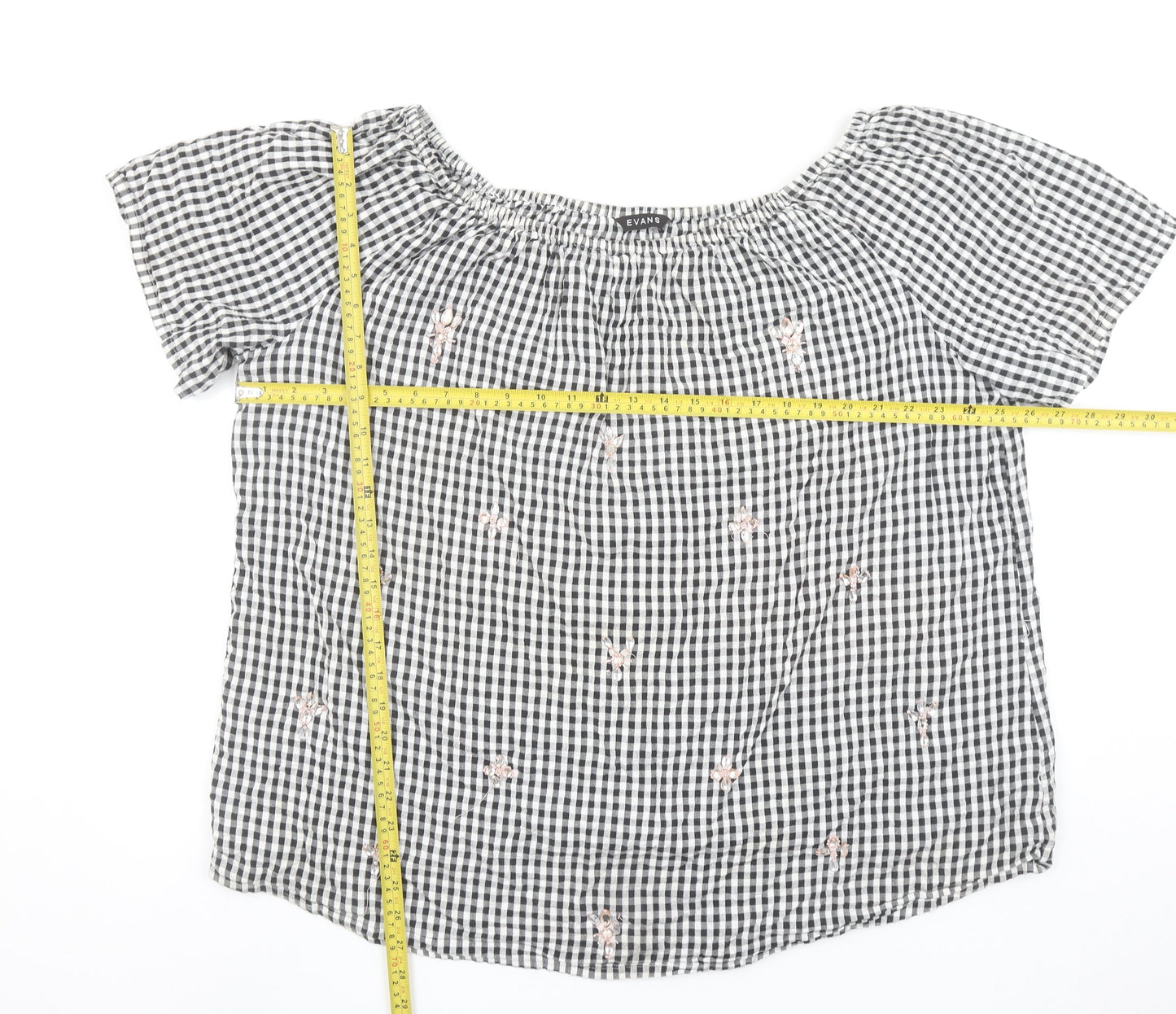 Evans Womens Black Check Embroidered Off Shoulder Cotton Blouse Size 26