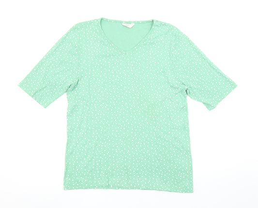 Cotton Traders Women's Green Polka Dot V-Neck T-Shirt Size L