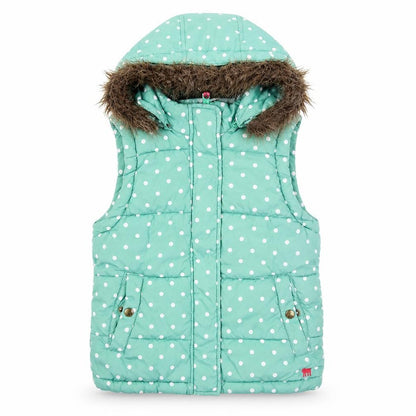 Mini Boden Girls Green Polka Dot Hooded Puffer Gilet 5-6 Years