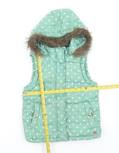 Mini Boden Girls Green Polka Dot Hooded Puffer Gilet 5-6 Years