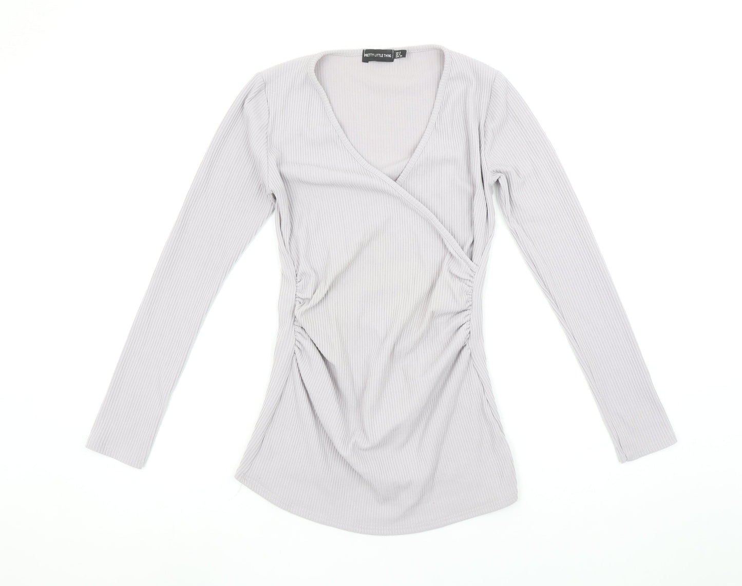 Pretty Little Thing Women’s Grey Ribbed Wrap Long Sleeve Top Size 6