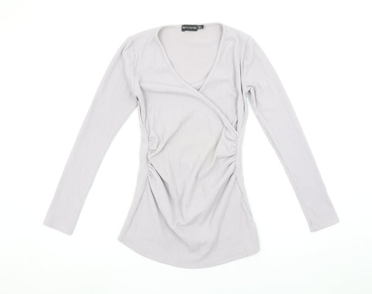 Pretty Little Thing Women’s Grey Ribbed Wrap Long Sleeve Top Size 6