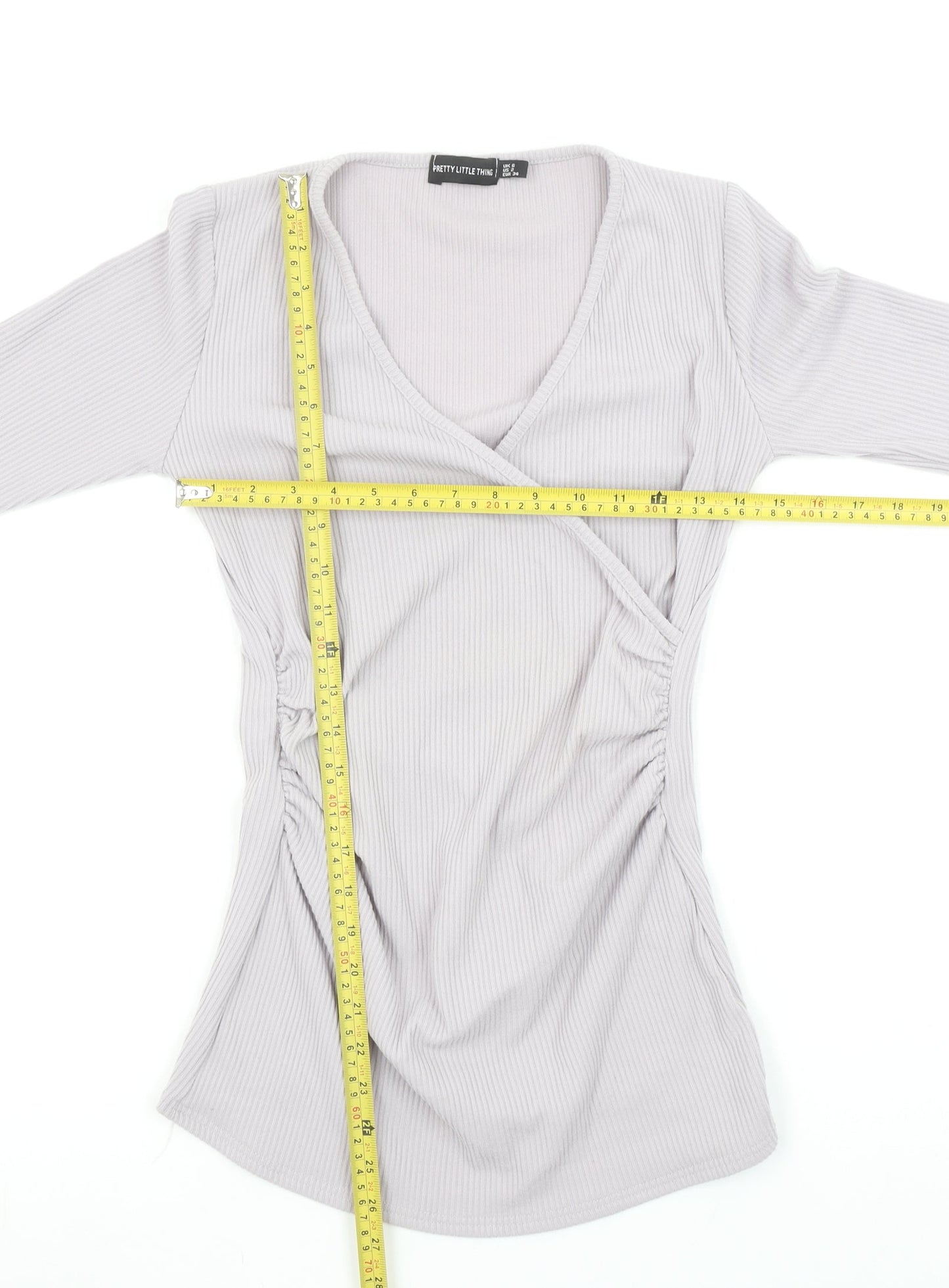 Pretty Little Thing Women’s Grey Ribbed Wrap Long Sleeve Top Size 6
