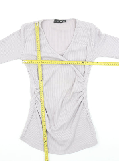 Pretty Little Thing Women’s Grey Ribbed Wrap Long Sleeve Top Size 6