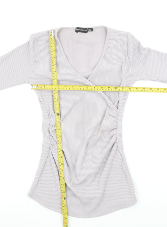 Pretty Little Thing Women’s Grey Ribbed Wrap Long Sleeve Top Size 6
