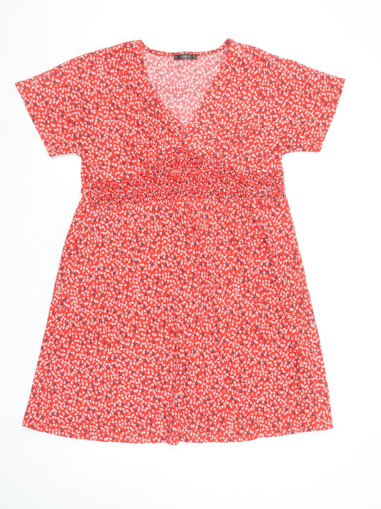Dunnes Women Red Floral V-Neck A-Line Knee Length Dress Size M