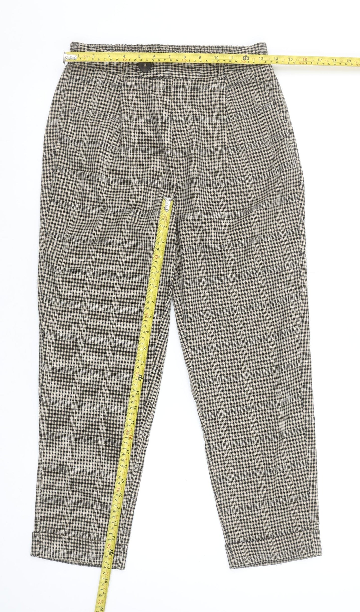 Stradivarius Womens Beige Check Tapered Trousers Size S