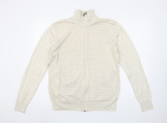Puma Men Beige Striped Full Zip High Neck Cotton Jumper L