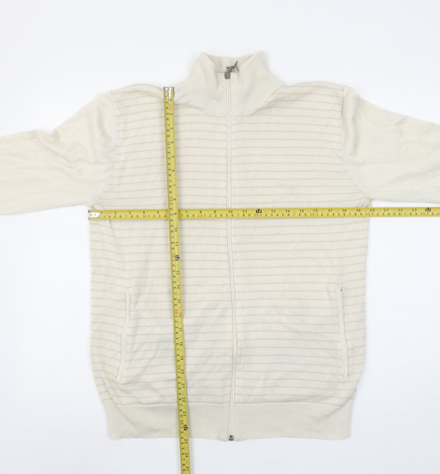 Puma Men Beige Striped Full Zip High Neck Cotton Jumper L