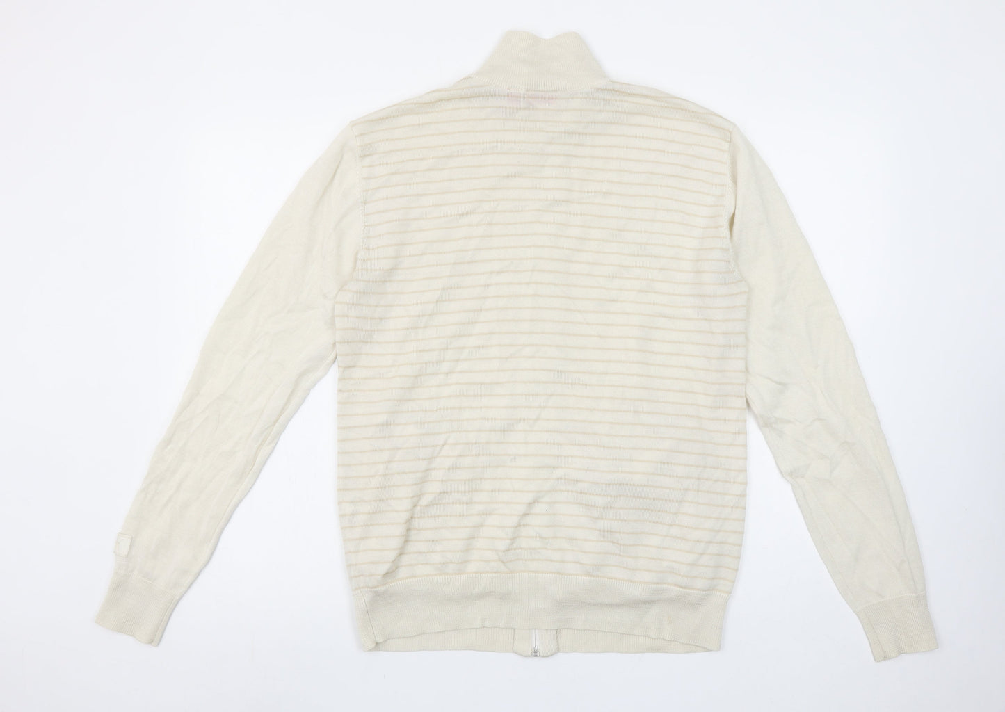 Puma Men Beige Striped Full Zip High Neck Cotton Jumper L