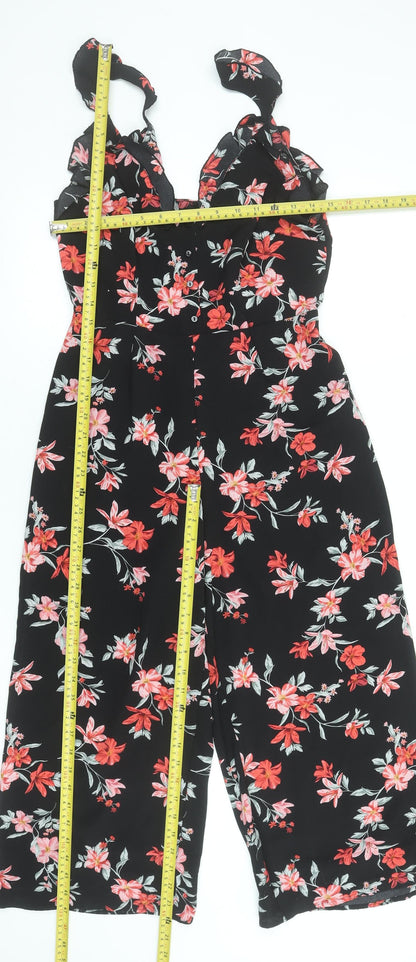 H&M Divided Womens Black Floral Jumpsuit Size 12 Sleeveless Wide-Leg