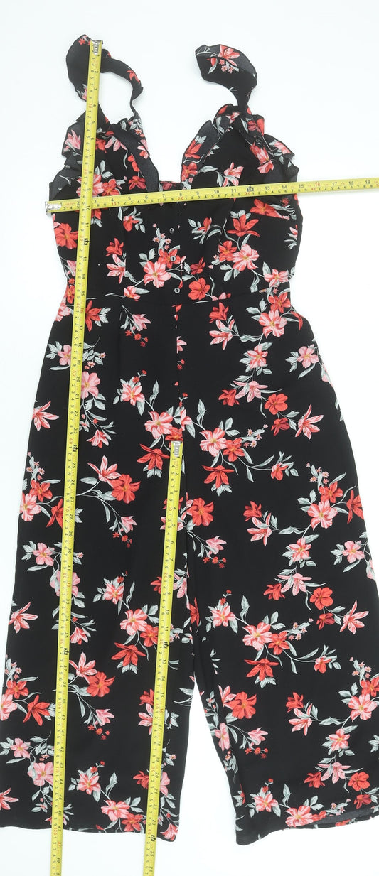 H&M Divided Womens Black Floral Jumpsuit Size 12 Sleeveless Wide-Leg