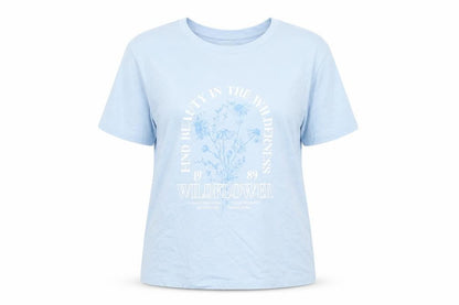 Front view of Dunnes Women Blue Graphic Wildflower Cotton T-Shirt, size L