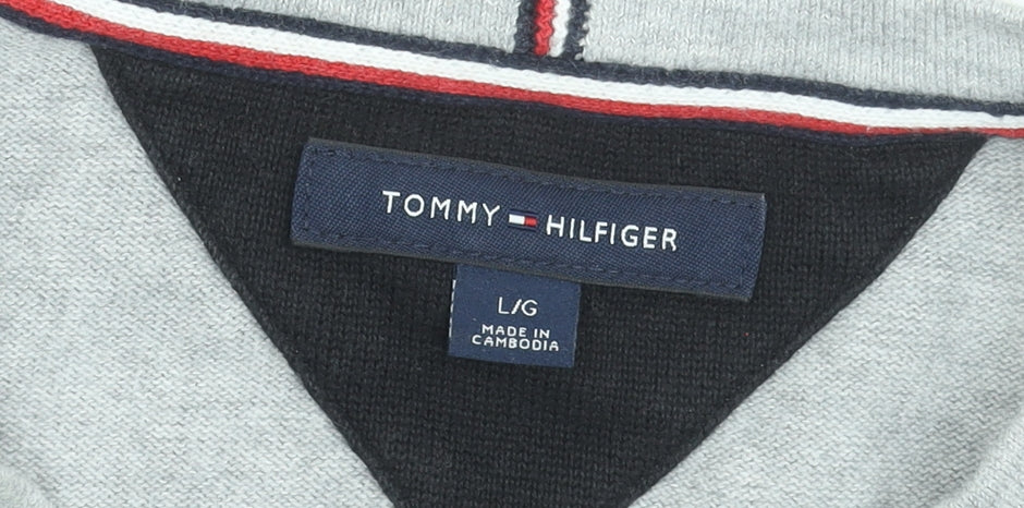 Tommy Hilfiger Men’s Grey Striped Cotton Crew Neck Jumper L