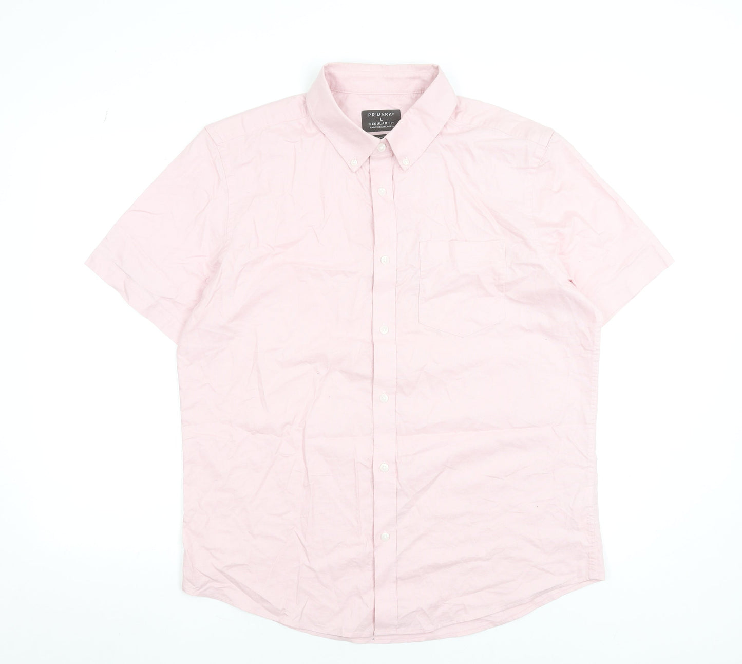 Primark Men’s Pink Cotton Regular Fit Short Sleeve Button-Up Shirt L