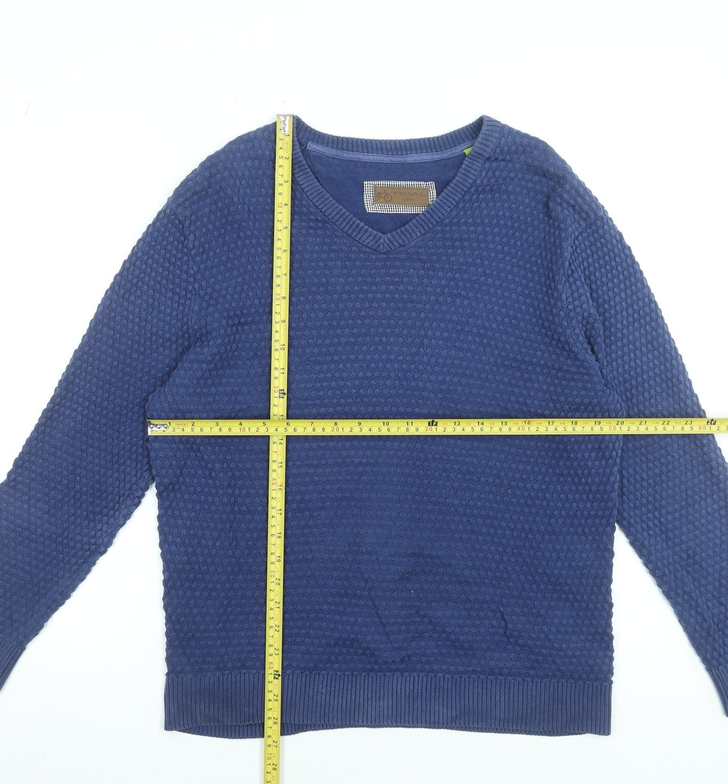 Trial Men Blue Cotton V-Neck Waffle Knit Pullover Jumper XL