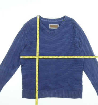 Trial Men Blue Cotton V-Neck Waffle Knit Pullover Jumper XL