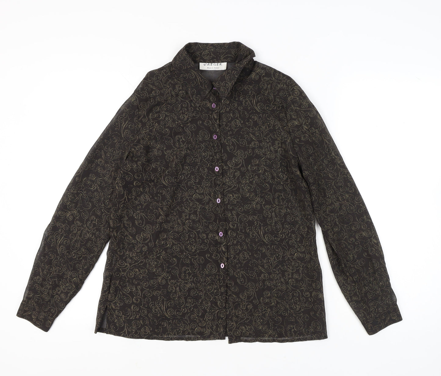 Jaeger Womens Black Paisley Silk Blend Long Sleeve Button-Up