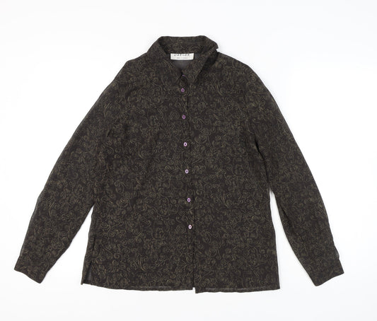 Jaeger Womens Black Paisley Silk Blend Long Sleeve Button-Up