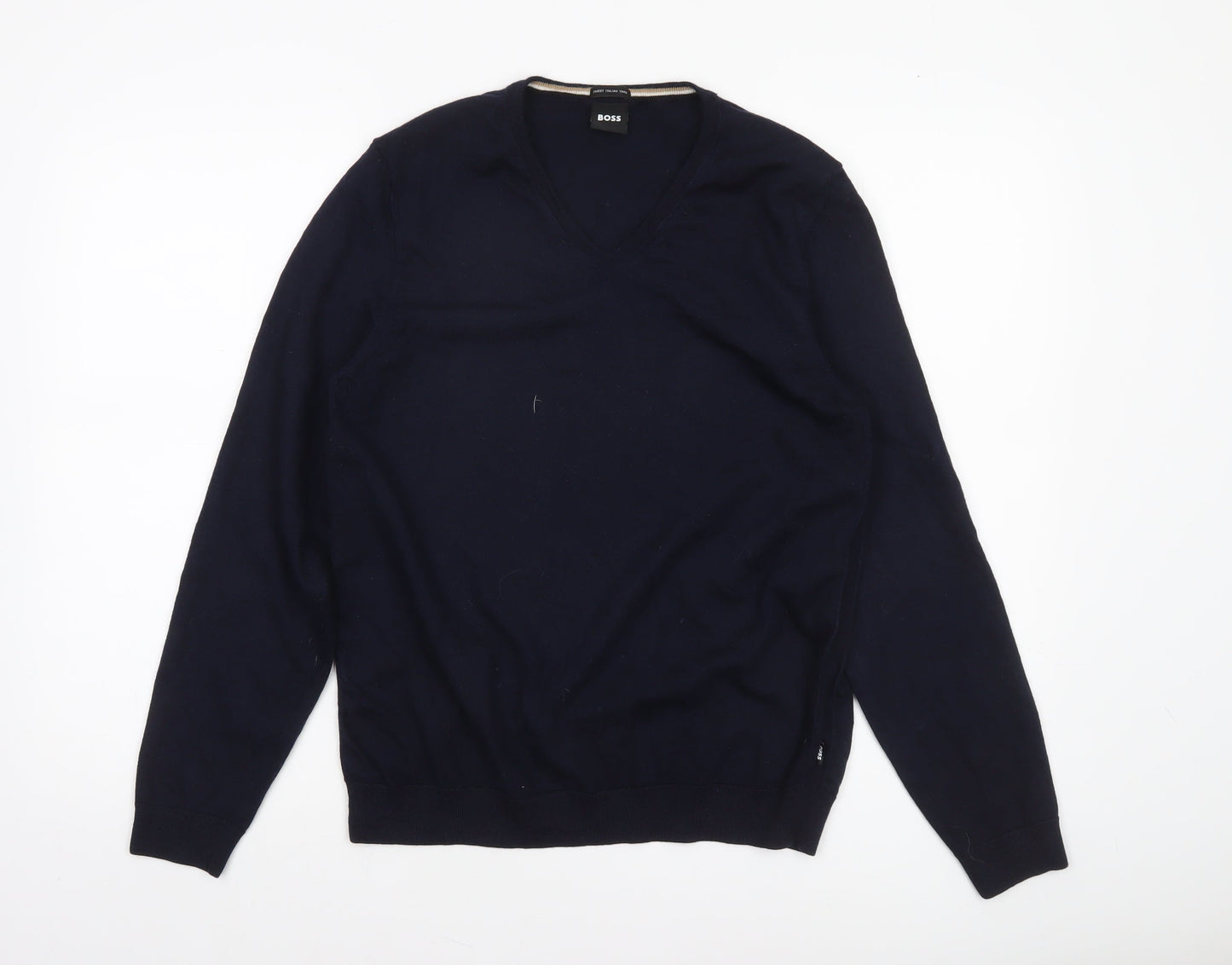 BOSS Men's Blue XL V-Neck Cotton Jumper Knit Pullover