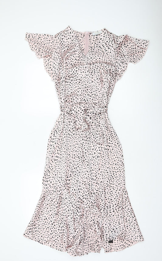 Quiz Women Pink Animal Print Wrap Dress Size 10 Flutter Sleeve
