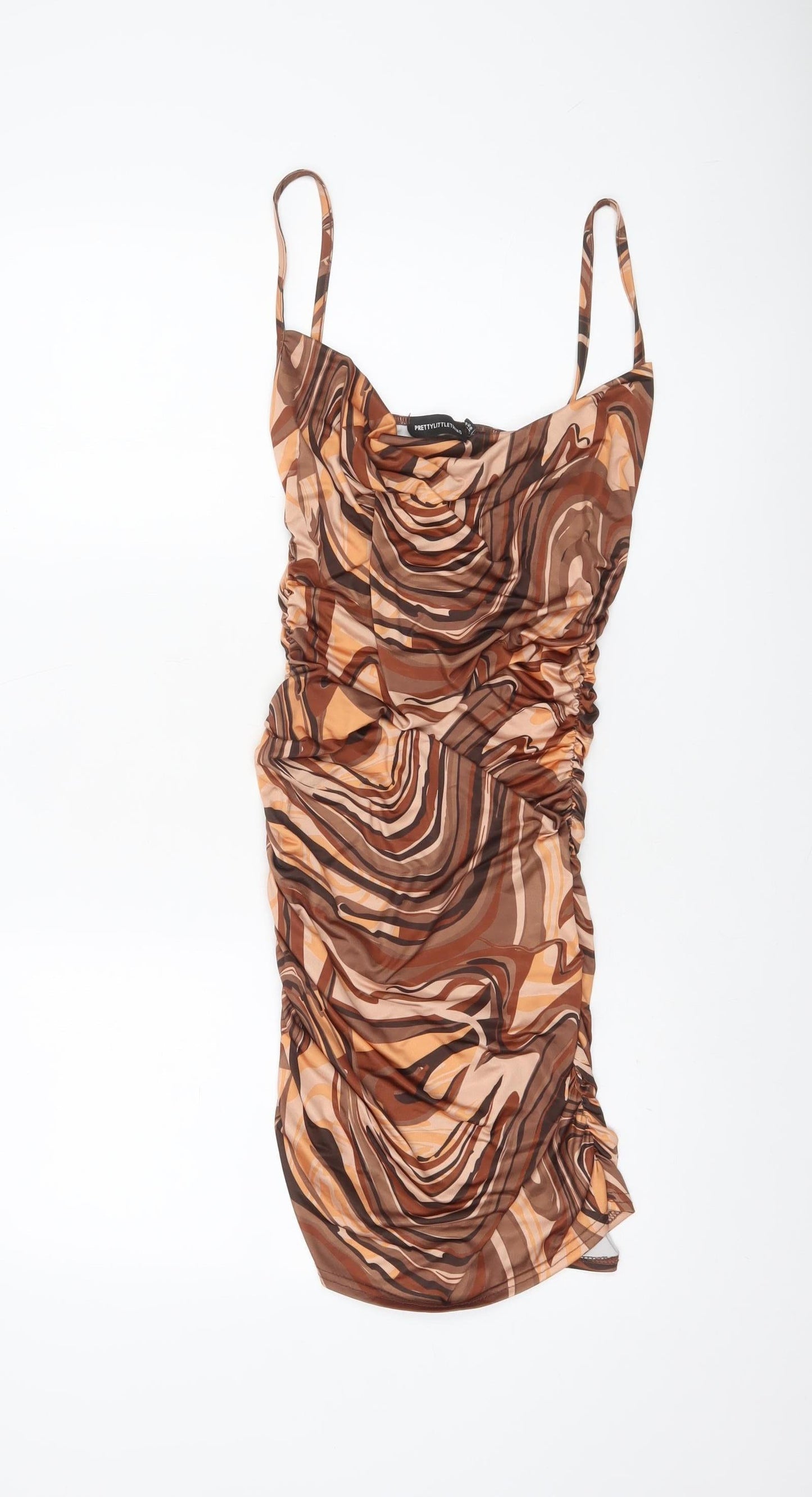 PrettyLittleThing Women’s Brown Geometric Ruched Bodycon Dress UK 10