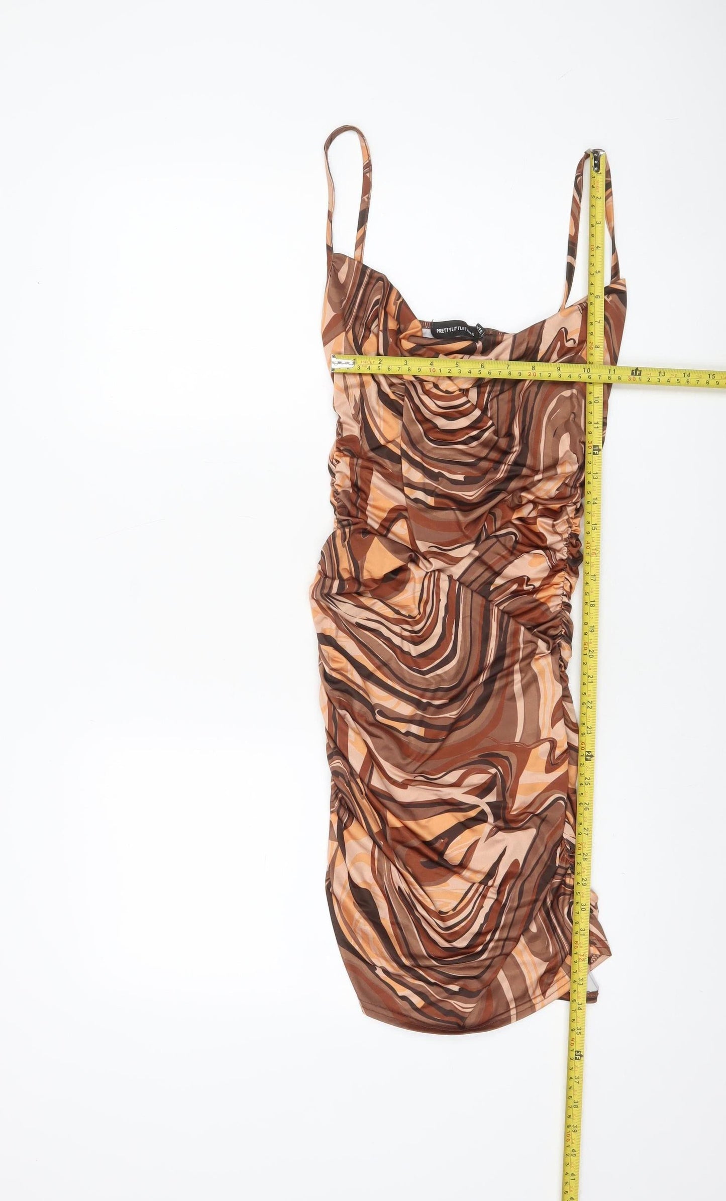 PrettyLittleThing Women’s Brown Geometric Ruched Bodycon Dress UK 10