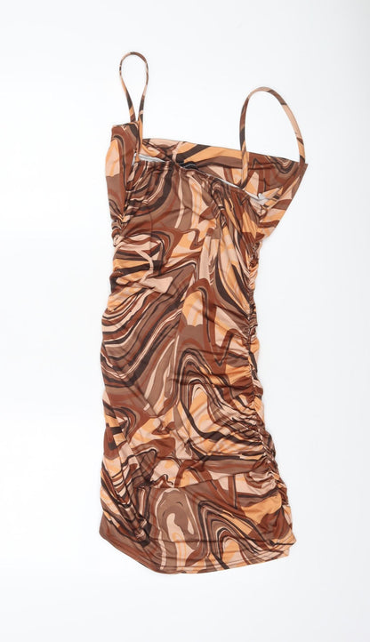 PrettyLittleThing Women’s Brown Geometric Ruched Bodycon Dress UK 10