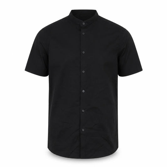 Front view of ASOS Men’s Black Slim Fit Short Sleeve Band Collar Button-Up Shirt Medium