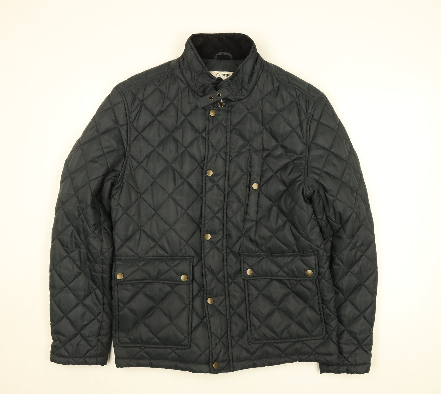 George Men’s Black L Quilted Polyester Jacket with Zip & Button Fastening