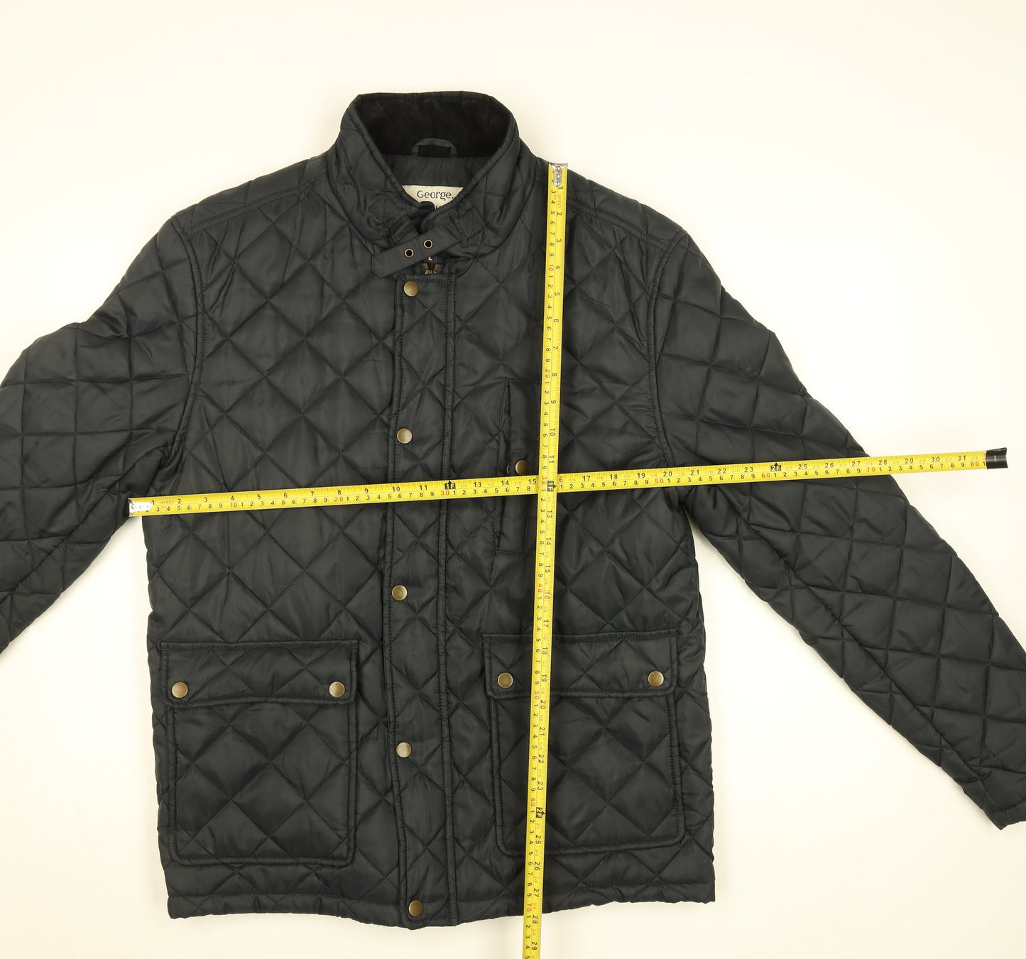 George Men’s Black L Quilted Polyester Jacket with Zip & Button Fastening