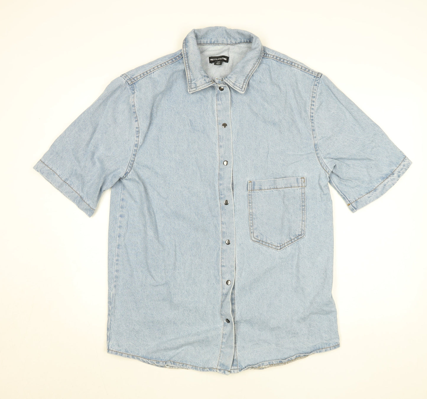 PrettyLittleThing Womens Blue Denim Short Sleeve Button-Up Shirt Size 8
