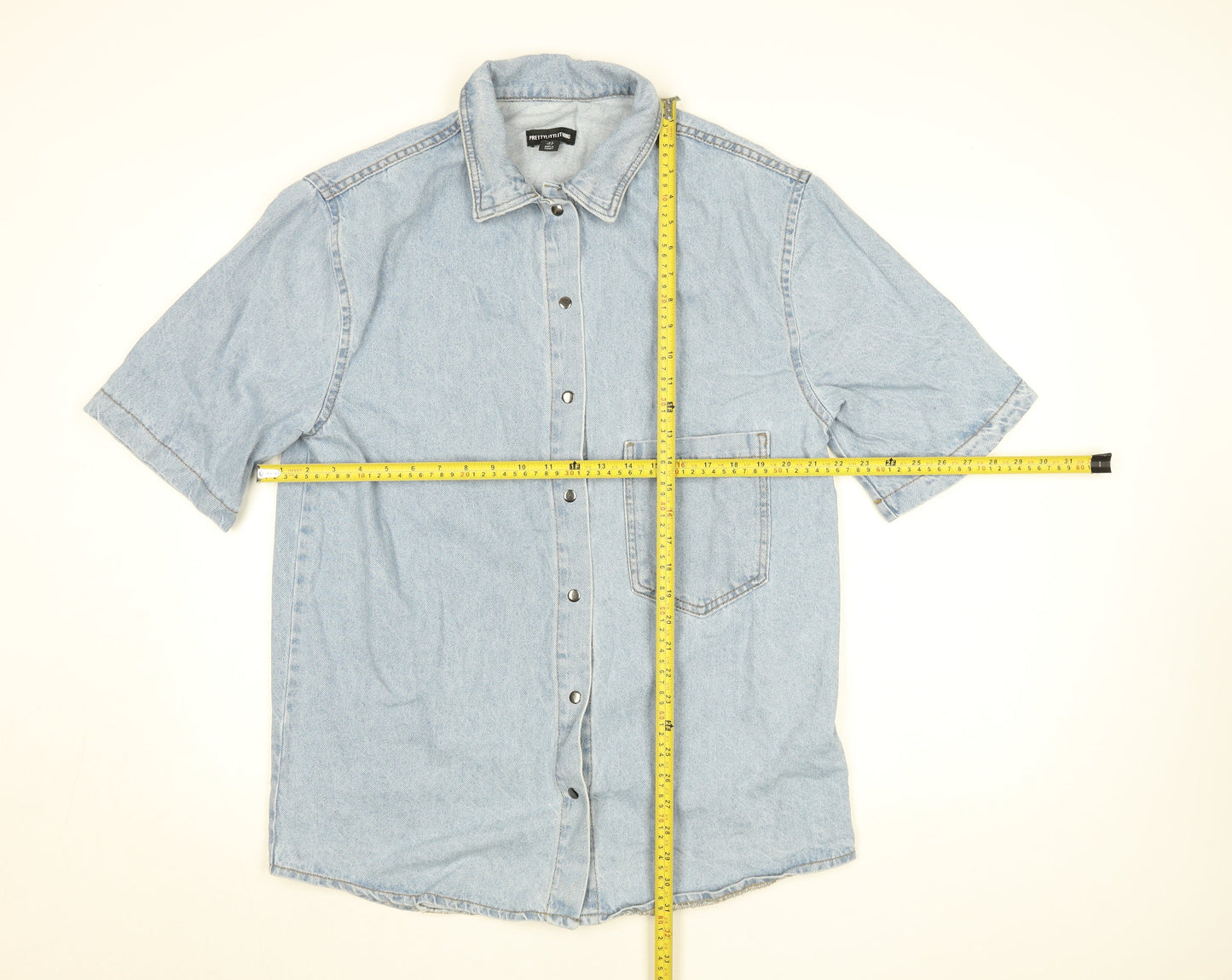 PrettyLittleThing Womens Blue Denim Short Sleeve Button-Up Shirt Size 8