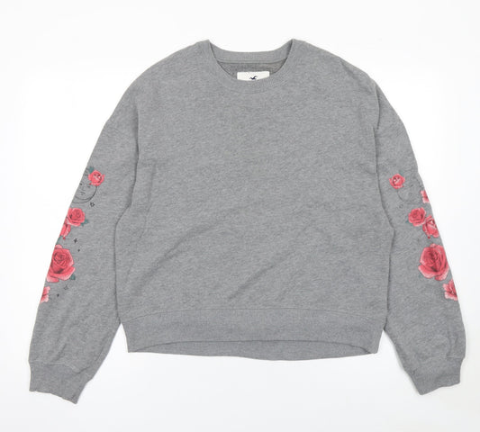Hollister Women Grey Rose Print Crew Neck Pullover Sweatshirt M