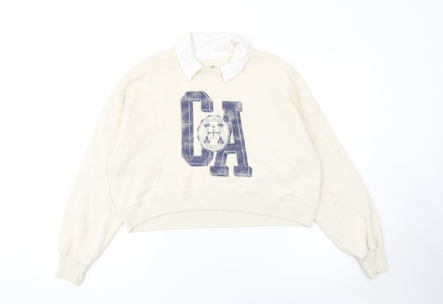 Hollister Women Beige Collared Pullover Sweatshirt S CA Print